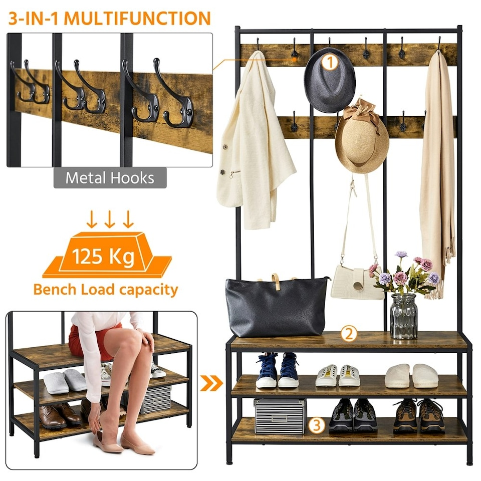 image 1 of Yaheetech Industrial Hallway Rack with Bench & Shoe Storage Brown | Rustic Brown | One Size