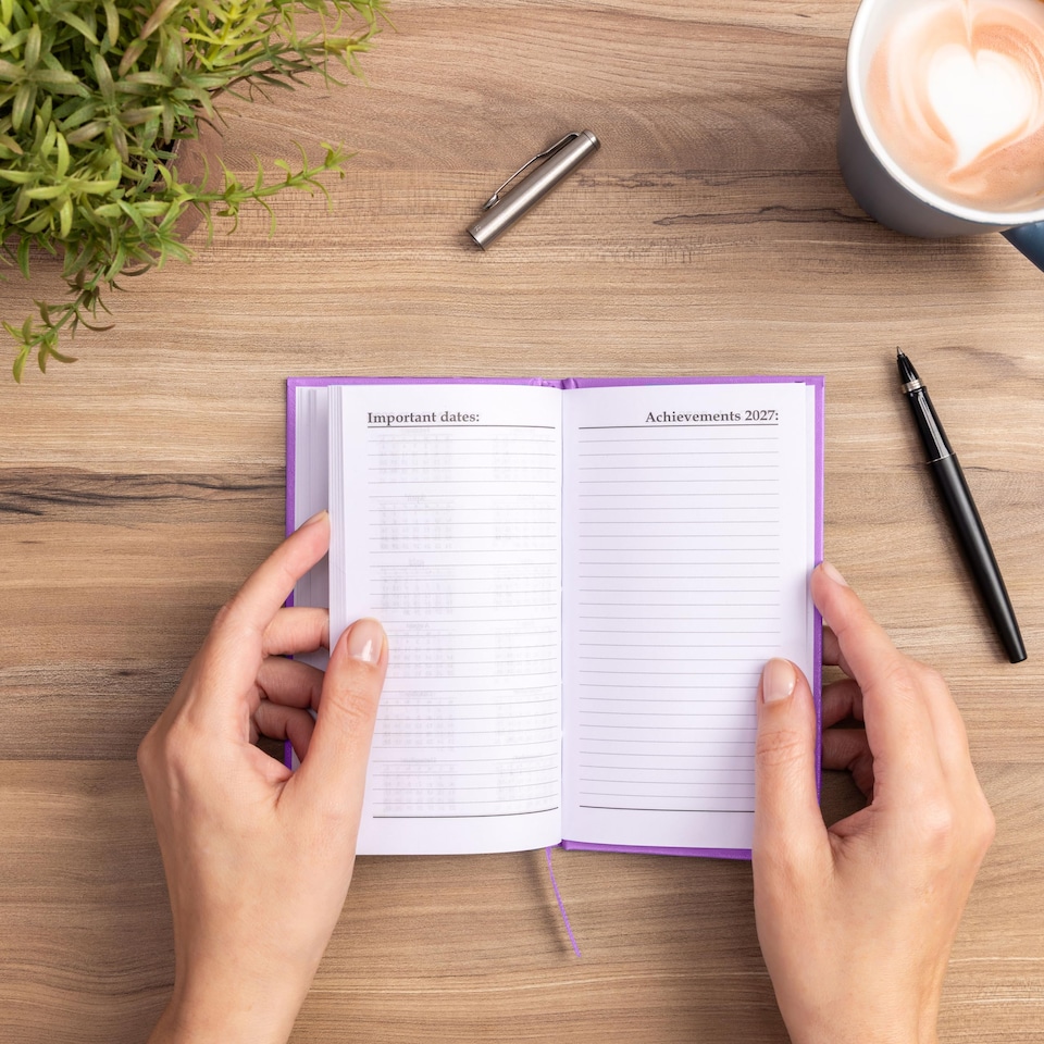 image 1 of 2027 Diary Slim Size - Week to View Hardback Small Planner with Ribbon Bookmark - Premium 70gsm Paper Inside with UK Holidays, World Time Zones (Purple)