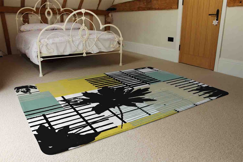 image 1 of Geometric Shape & Leaf Print In Yellow & Green Rug | Multi