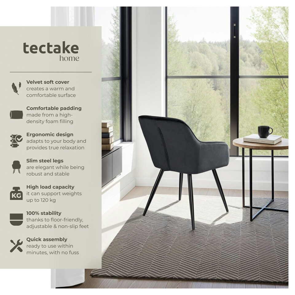 image 1 of Dining Chair Marilyn - with armrests, padded, velvet look, black steel legs - Set of 2 Black