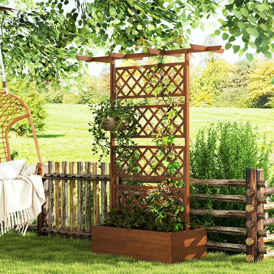 image 1 of Outsunny Wooden Trellis Planter, Raised Garden Bed for Climbing Plants, Natural