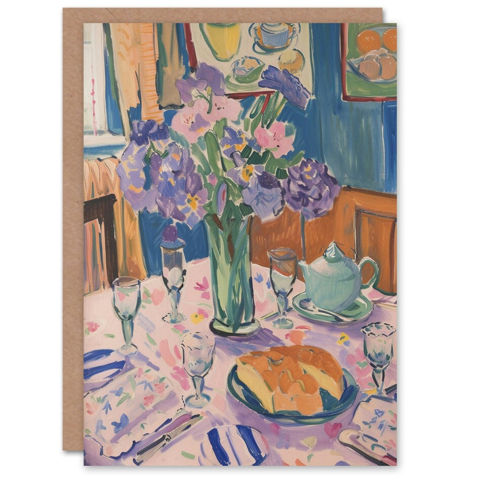 image 1 of Lunch Table Purple Flower Bouquet Classic Her Birthday Card