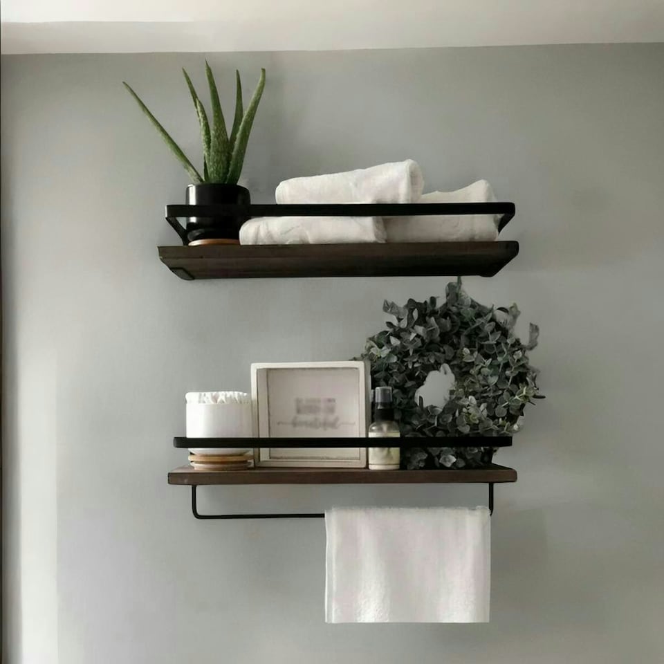image 1 of Industrial 2PC Tier Wooden Floating Shelves with Hanging Rail Brown