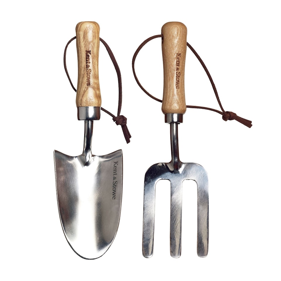 image 1 of Kent & Stowe Kids Hand Trowel and Fork Set, Ash Handles, Stainless Steel Heads | Brown | 1 x Trowel, 1 x Fork | 2