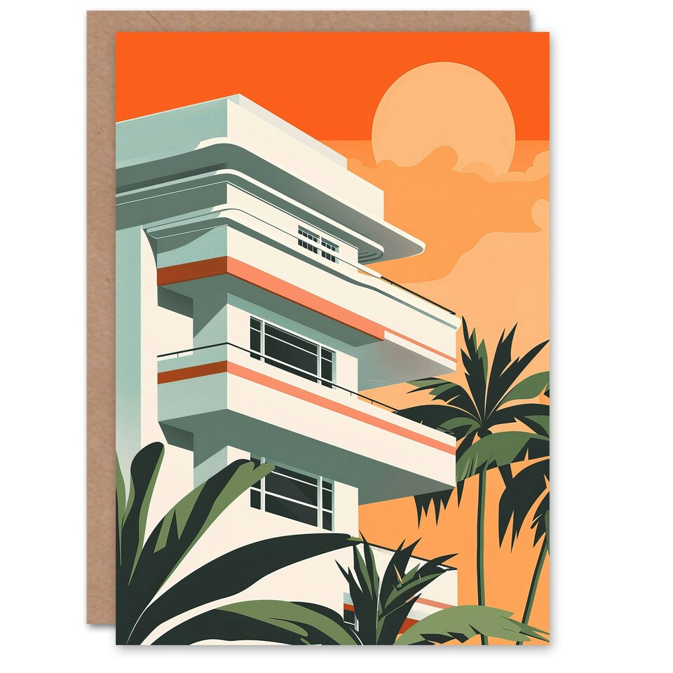 image 1 of Tropical Apartment At Sunset Palm Trees Him Her Birthday Card