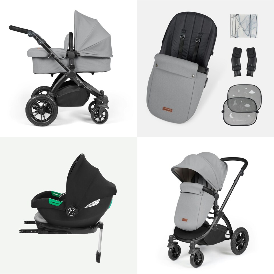 image 1 of Stomp Luxe 12pc Travel System with Cirrus i-Size Car Seat & ISOFIX Base, Carrycot, Reversible Seat, Rain Cover & More (Black/Pearl Grey/Black)