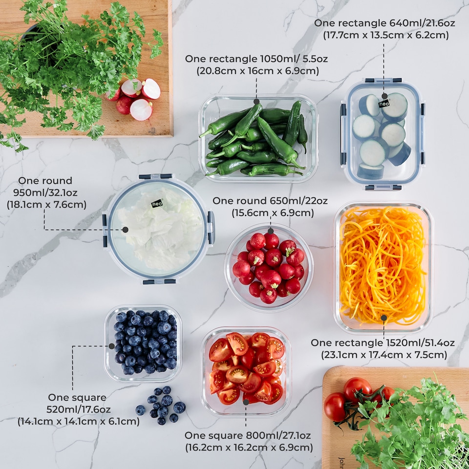 image 1 of Neo 7 Containers & 7 Lids Glass Food Storage Containers Set with Snap Locking Lids Meal Prep Airtight Lunch Box Microwave Oven Freezer and Dishwasher Friendly - 7 Piece