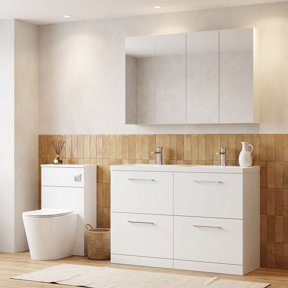 image 1 of Balterley Level Floor Standing 4 Drawer Vanity Unit with Double Basin, Handles & Overflow for Bathroom Storage | White | Gloss White | 840 x 1205 x 383mm
