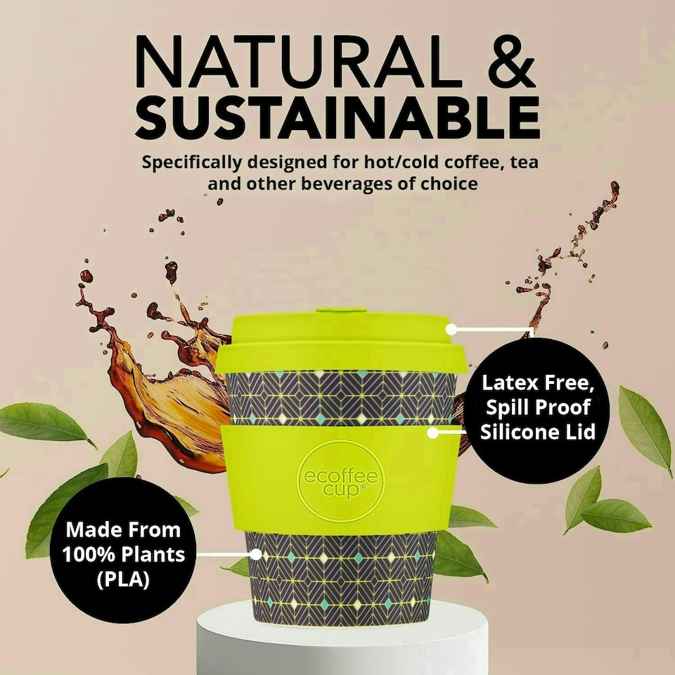 image 1 of Ecoffee Cup 8oz 240ml Reusable Eco-Friendly 100% Plant Based Coffee Cup with Silicone Lid & Sleeve - Melamine Free Travel Mug N/A | Black Nature