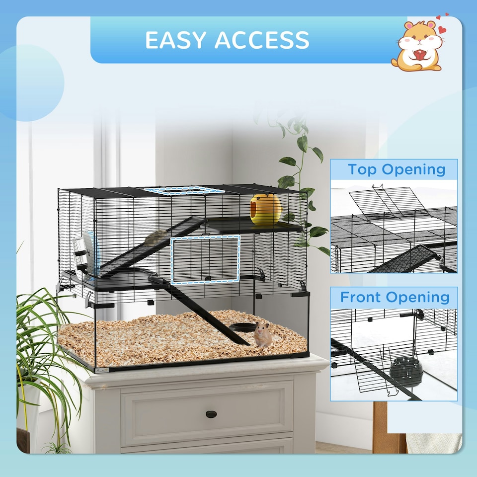 image 1 of PawHut 3 Tiers Hamster Cage w/ Deep Glass Bottom, Dish, Hut 78.5x48.5x54.5cm