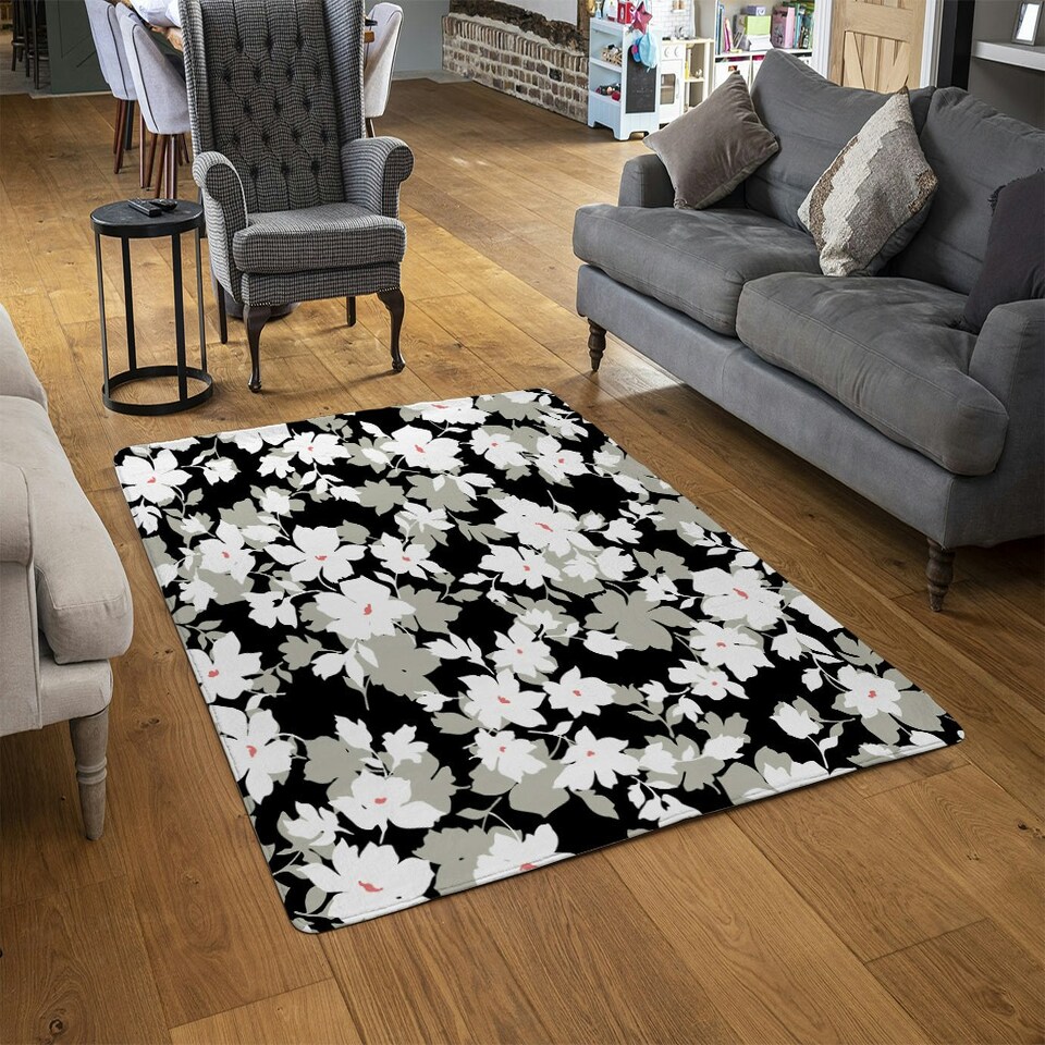 image 1 of Grey, White & Black Flowers (Rug) Grey | XL: 160x230cm