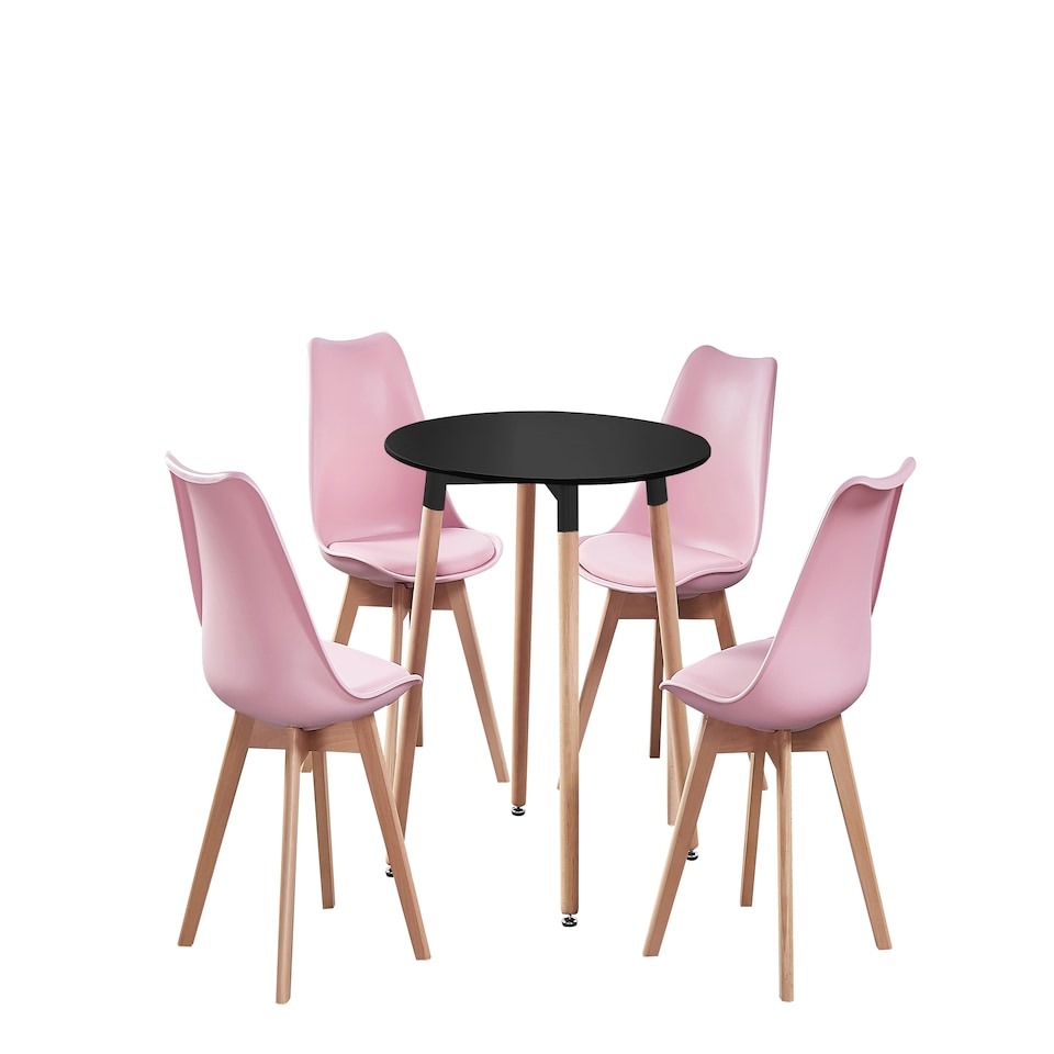 image 1 of 5PCs Dining Set - a Black Round Dining Table & Set of 4 White Lorenzo Tulip chairs with Padded Seat | Pink