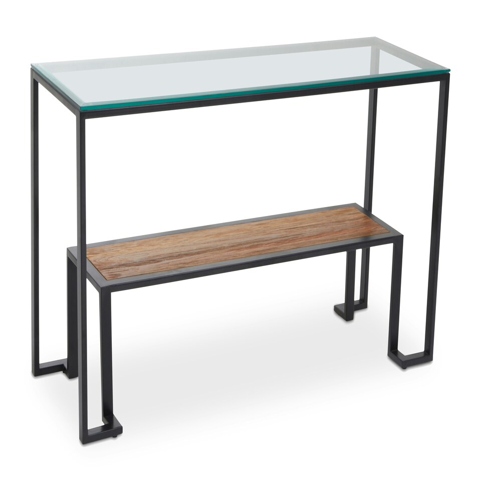 image 1 of Interiors by Premier Roman Console Table, Rectangular Tempered Glass Top on Black Metal Frame, Teak‑Wood Lower Shelf Console Black