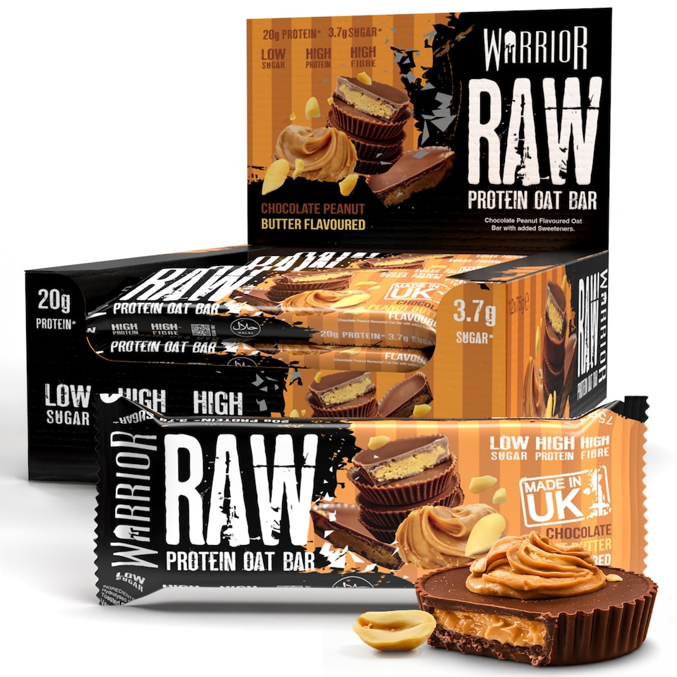 image 1 of Warrior RAW Protein Bars 12 x 75g – 20g High Protein Bar, Low Sugar High Fibre Oat Protein Flapjack – Protein Snacks, Meal Replacement Bars (Chocolate Peanut Butter)