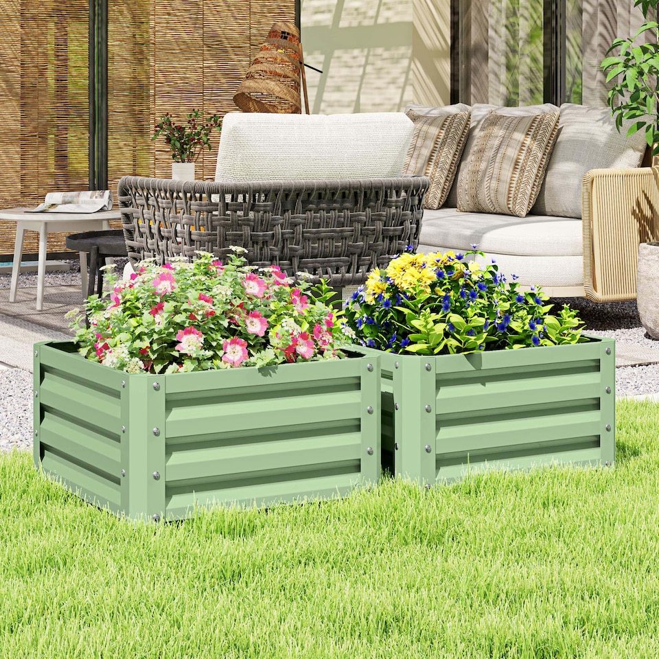 image 1 of Outsunny Set of 2 Raised Garden Bed Galvanised Planter Box, Light Green | Green
