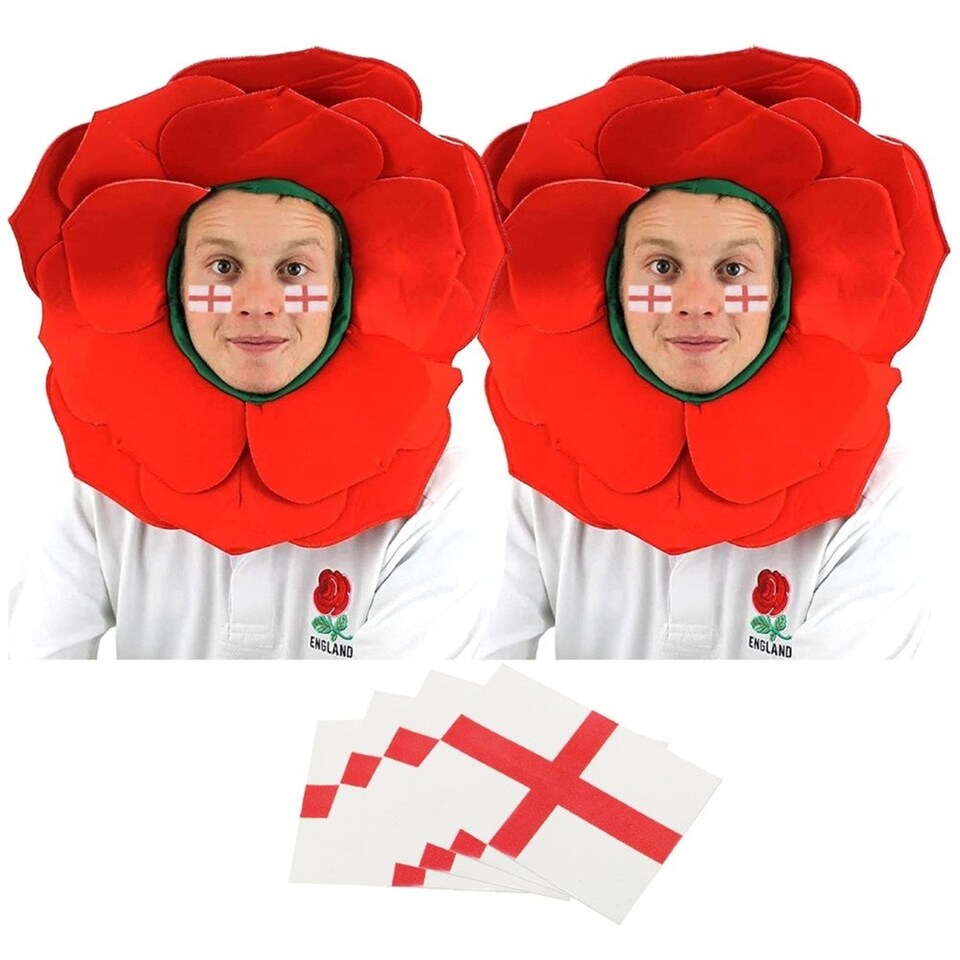 image 1 of Pack of 12 English Rose Hat & Temporary Tattoo Red | One Size