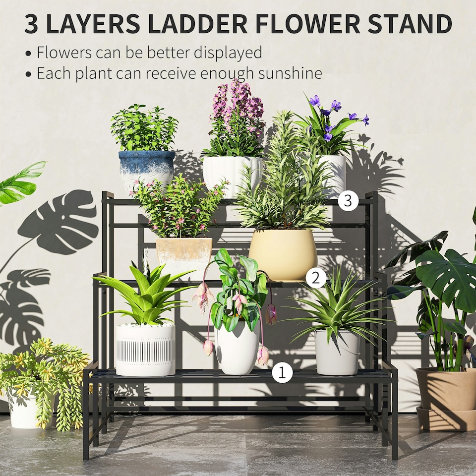 image 1 of Outsunny 3-Tier Metal Plant Stand, Modern Ladder Shelf for Garden, Black