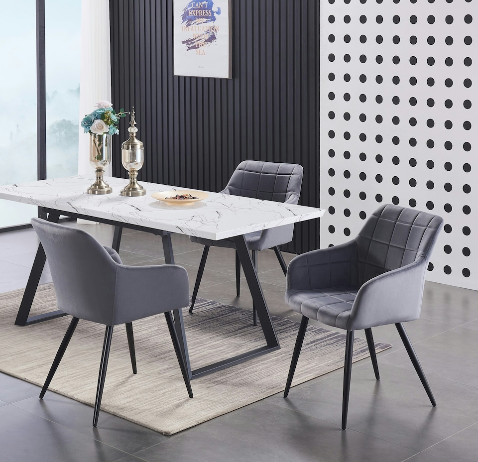 image 1 of Set of 6 Camden Modern Velvet Dining Chairs with Armrests, Quilted Design & Black Metal Legs | Grey | Dark Grey