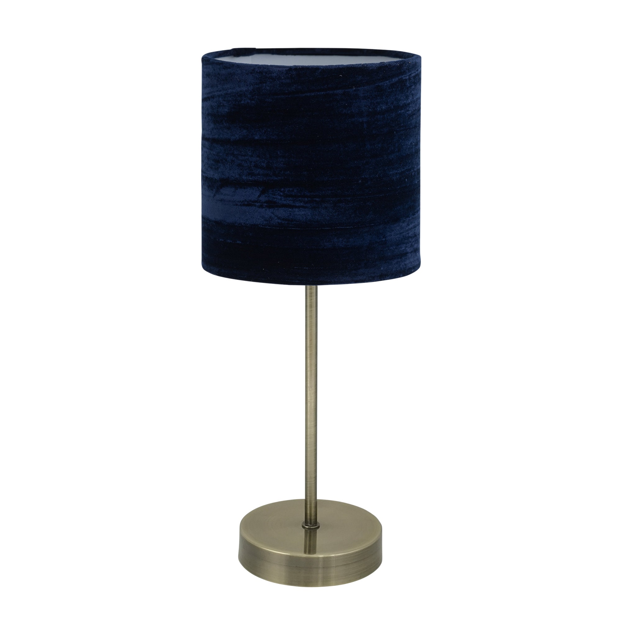 First Choice Lighting Antique Brass Stick Table Lamp with Navy Blue Crushed Velvet Shade in Bronze