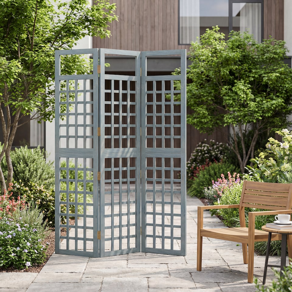 image 1 of Outsunny 3-Panel Garden Privacy Screen, Foldable Wooden Divider, Grey | Grey