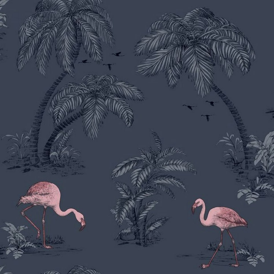 image 1 of Holden Décor Lake Flamingo Wallpaper - Dark Blue/Pink - 32.8ft x 20.5in
