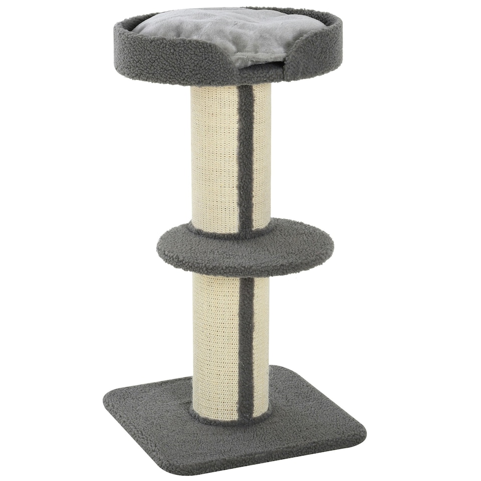 image 1 of PawHut 2-Tier Cat Kitten Resting Tree with Top Basket Cushion Grey