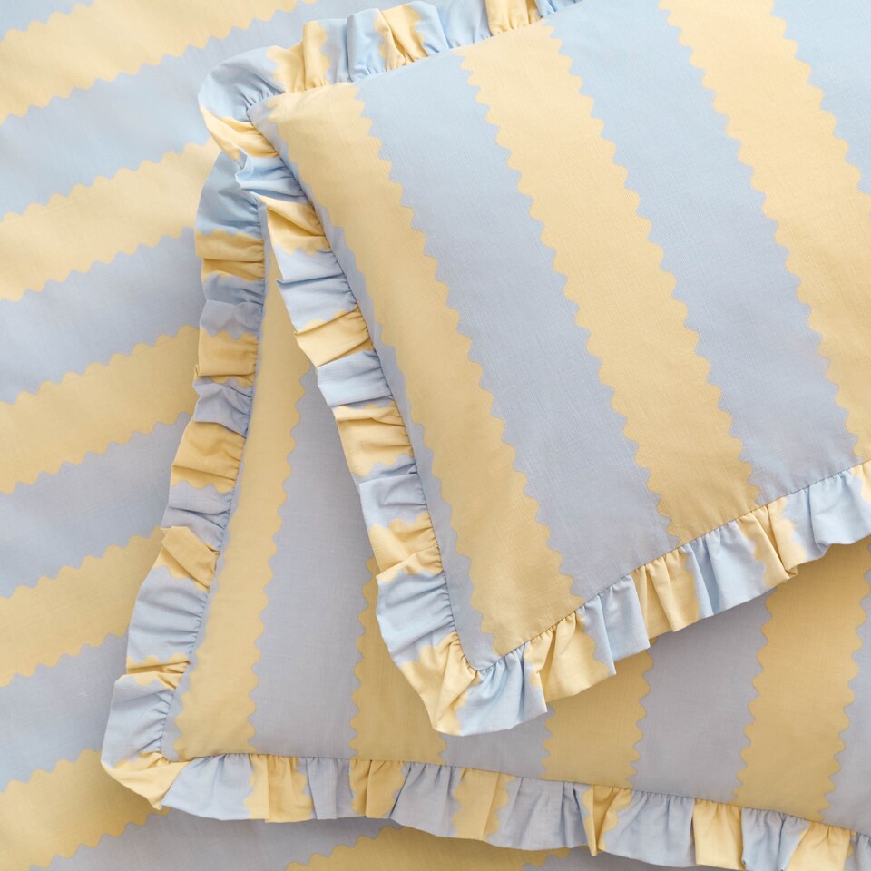 image 1 of Wylder Nature Birdie Stripe Ruffle Duvet Cover Set | Yellow | Lemon/Sky | Double