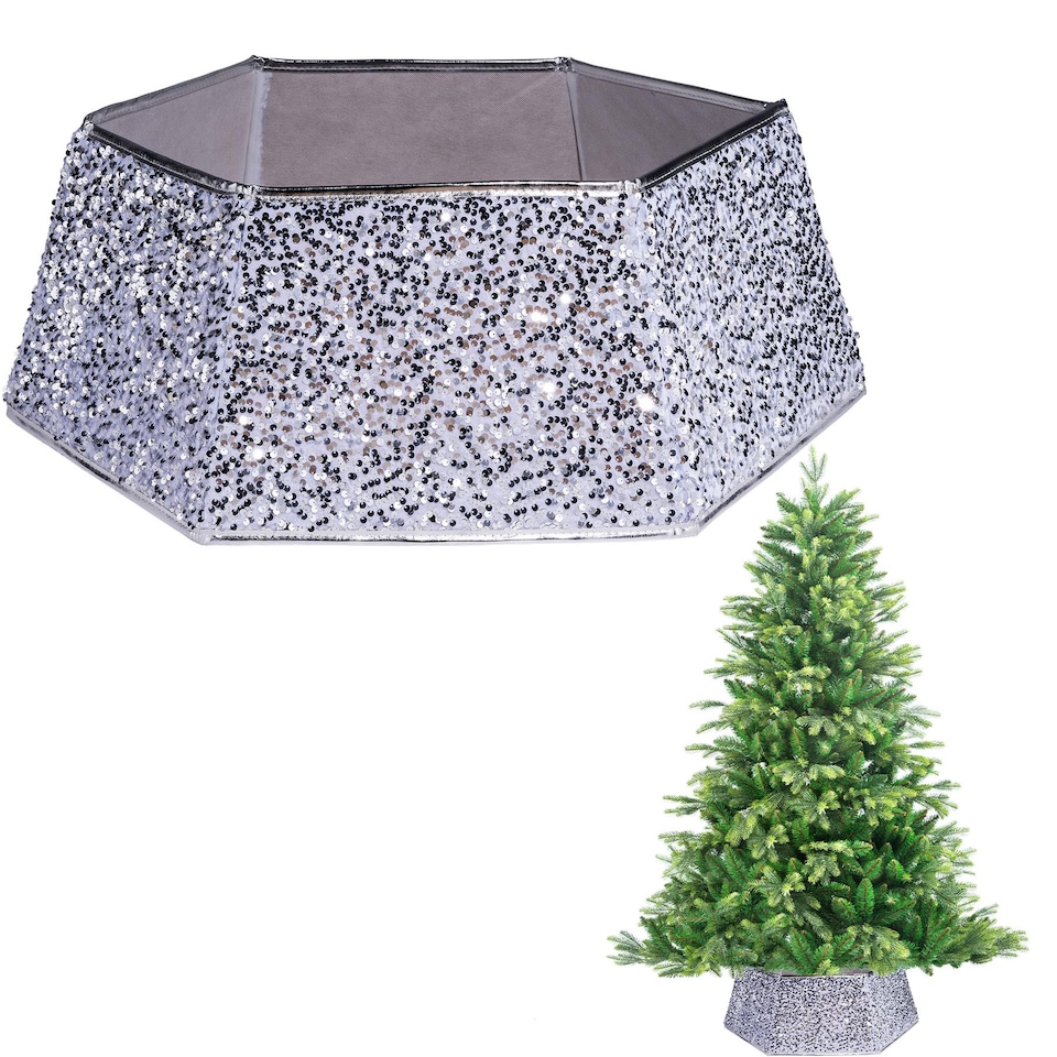 image 1 of Silver Hexagon Christmas Tree Collar Elegant Decorative Base Cover for Trees
