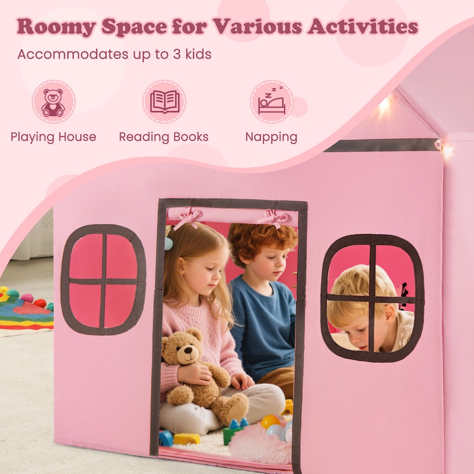 image 1 of COSTWAY Kids Play Tent Large Playhouse w/ Door Curtain & Windows-Pink + Grey