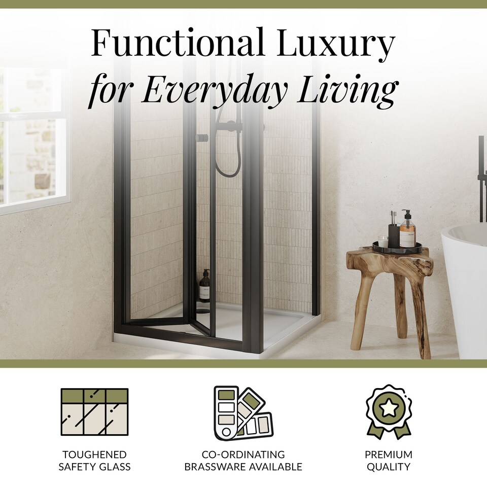 image 1 of Ruwa Square Bi-Fold & 4mm Glass 760x760mm Tray Door Side Panel Black | Black | Matt Black | 3