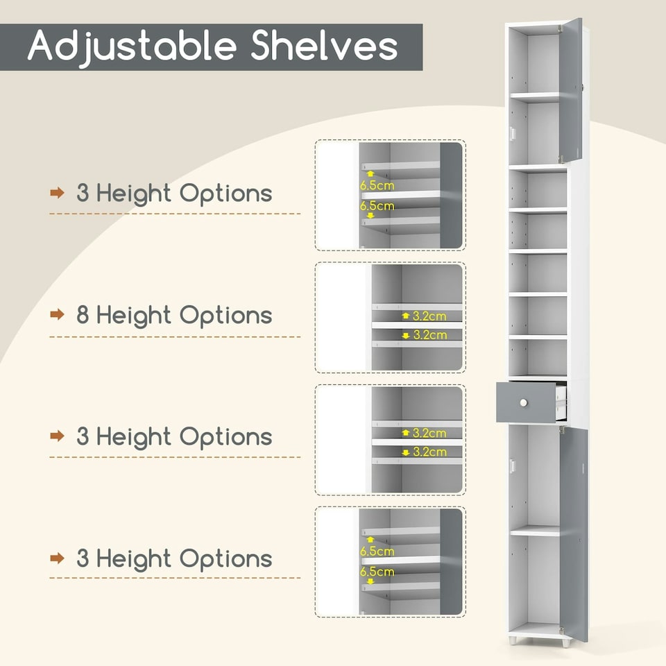 image 1 of COSTWAY Slim Bathroom Cabinet Floor Storage Organizer White Grey