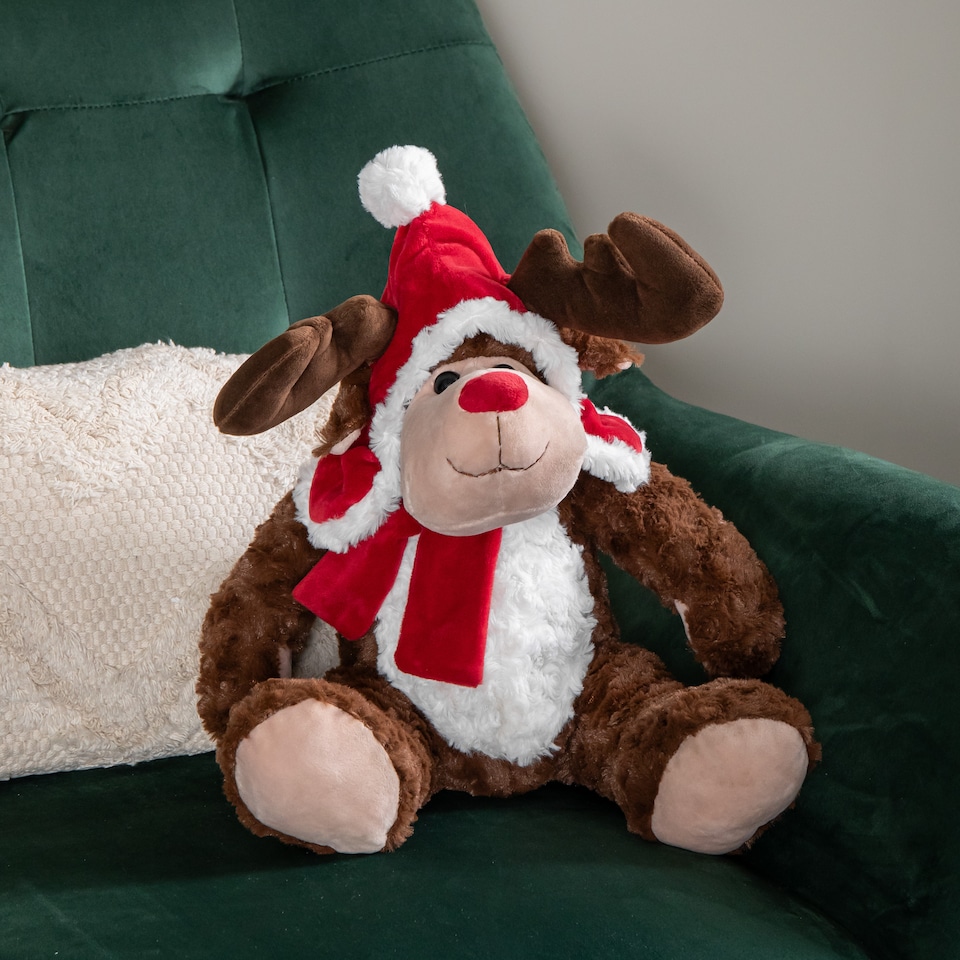 image 1 of 30cm Sitting Plush Christmas Reindeer with Red Hat & Scarf