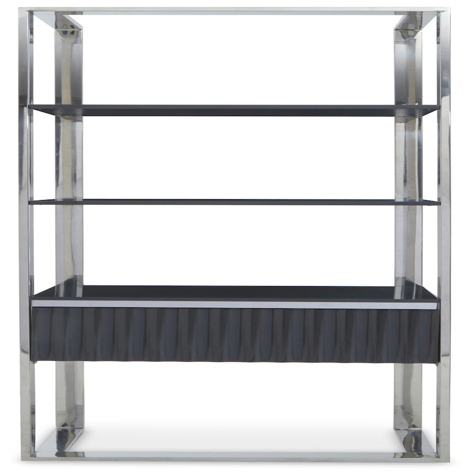 image 1 of Interiors by Premier Hi Gloss Grey Shelf Unit, Sleek Grey Gloss Shelves with Polished Stainless Steel Frame, Modern Open Storage Silver
