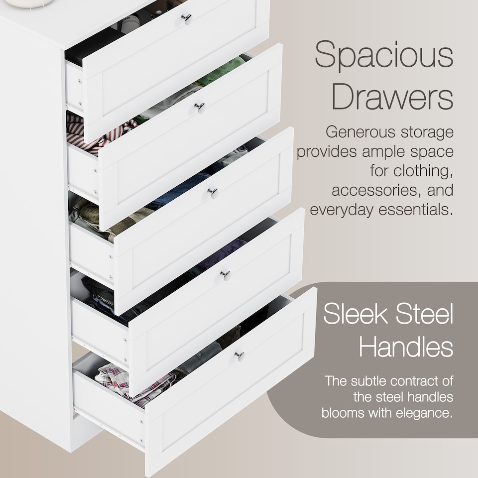 image 1 of Vida Designs Altino White 5 Drawer Chest Storage Unit - H: 121cm x W: 65cm x D: 36cm