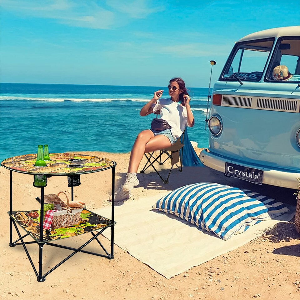 image 1 of 3PC Camping Table & Folding Chair Set Outdoor Fishing Seats with Cup Holders