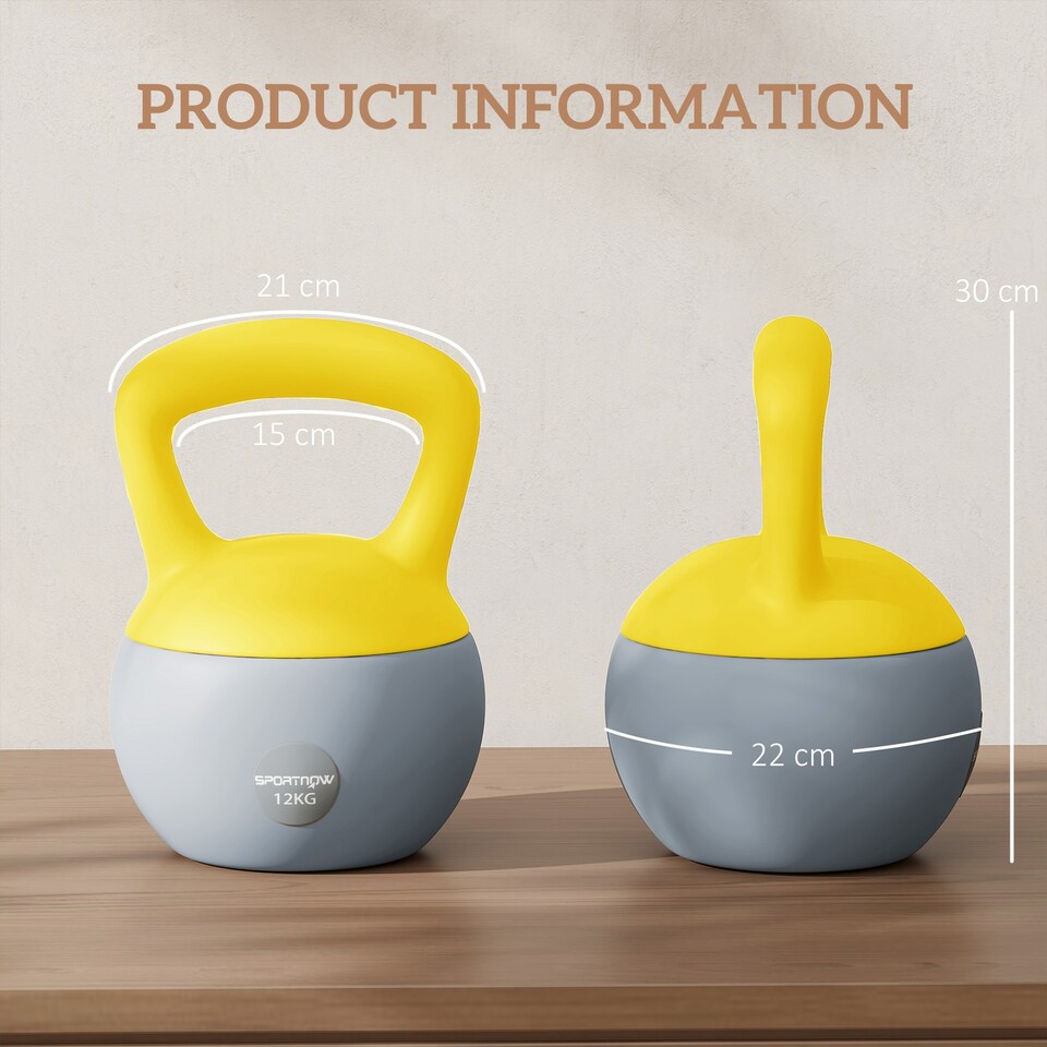 image 1 of (12KG, Yellow and Grey) SPORTNOW Kettlebell with Non-Slip Handle