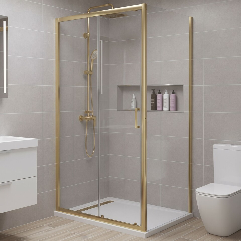 image 1 of Balterley Toughened Safety Glass Reversible Sliding Shower Door | Copper | Brushed Brass | 1