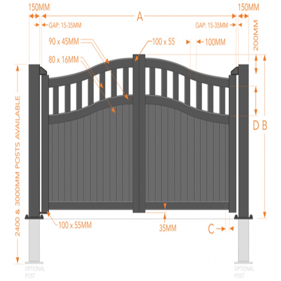 image 1 of Double Swing Gate 3750x1600mm Black - Vertical Solid Infill and Bell-Curved Top Full Privacy Driveway Gate | Black | 1