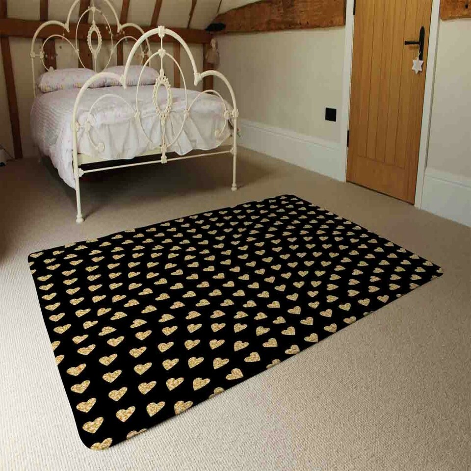 image 1 of Geometric Glitter Love Hearts (Rug) Black | Small: 60x110cm