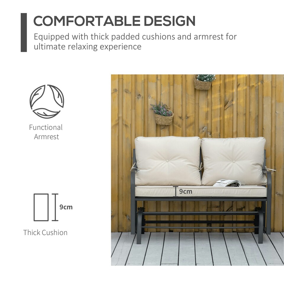 image 1 of Outsunny Outdoor Double Rocking Chair Glider Loveseat with Cushion, Khaki