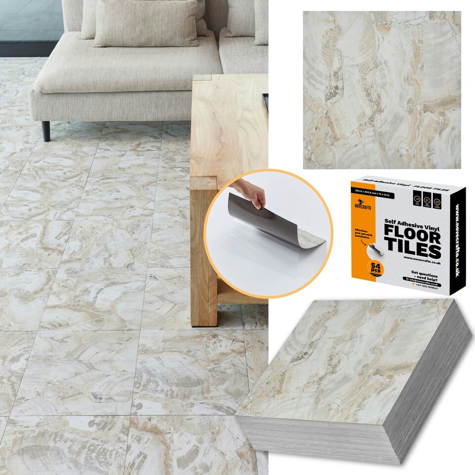 image 1 of NOVECRAFTO Vinyl Floor Tiles Self Adhesive – 12x12in Peel and Stick Flooring for Kitchen, Bathroom & Living Room – Beige Marble Flow Design Brown | 3.72 sqm