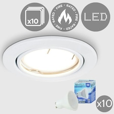 ValueLights Pack of 10 Fire Rated White Tiltable GU10 Recessed Ceiling Downlights - Complete with 5w LED Bulbs 3000K Warm White | White