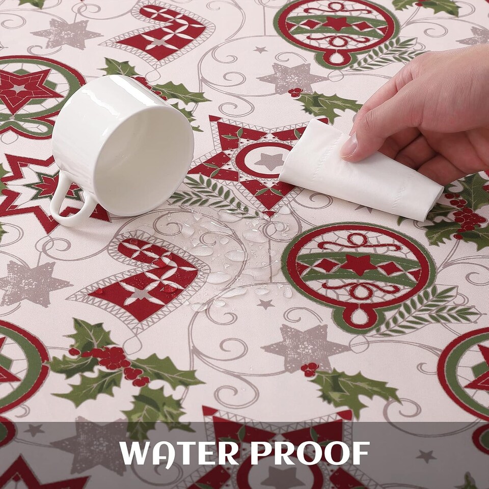 image 1 of London Boutique White Christmas Tablecloth, Waterproof Polyester Table Cover with Star Holly Ornament Print