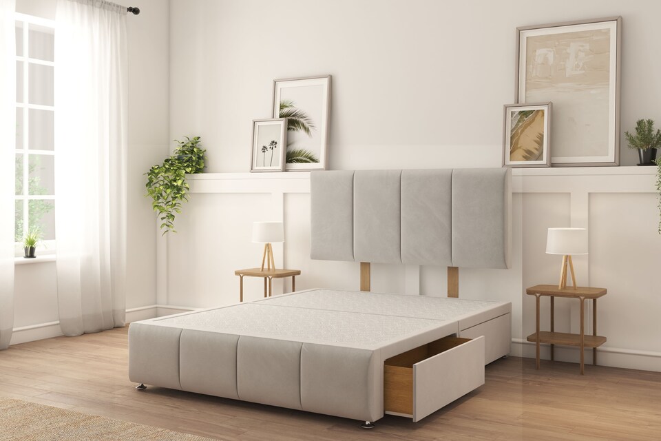 image 1 of Sloomy Lisbon Silver Plush Divan Bed With Mattress 2 Drawers Left 26" Strutted Headboard & 12" Footboard 2'6 Small Single