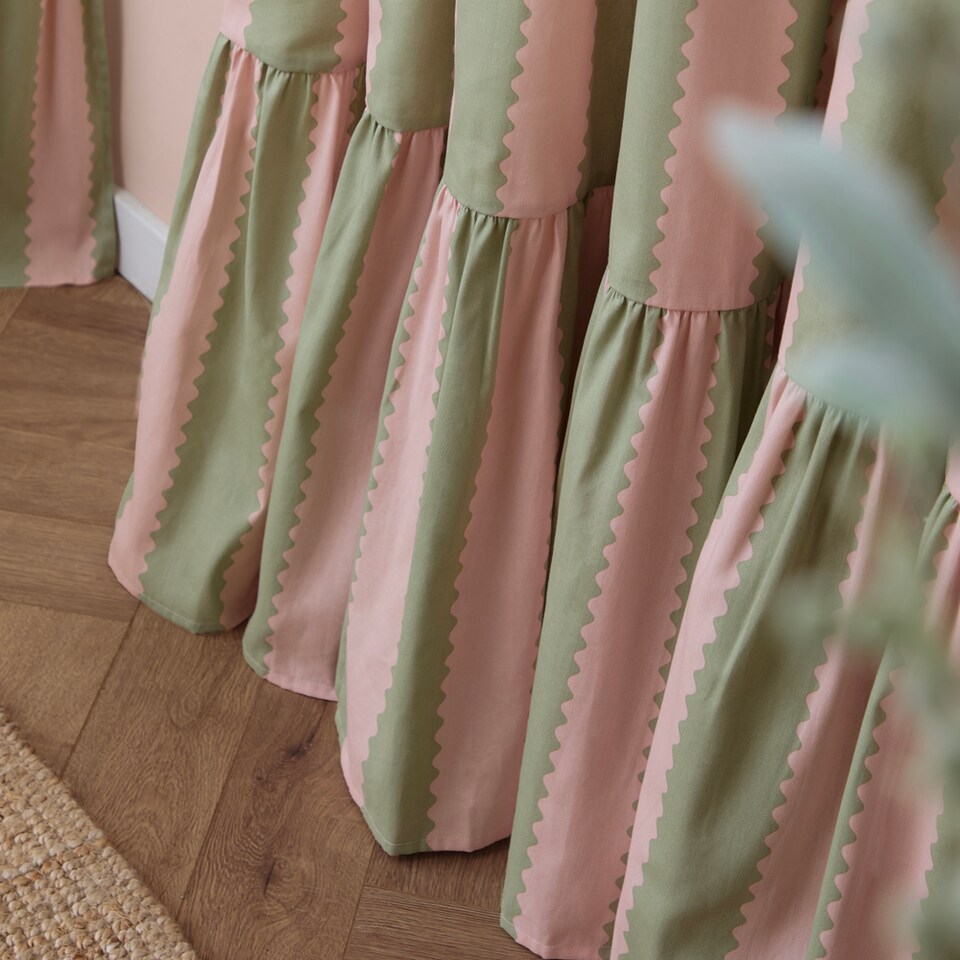 image 1 of Furn Birdie Stripe Fully Lined Ruffle Pencil Pleat Curtain Pair, Pink/Green, (W) 229cm x (D) 137cm