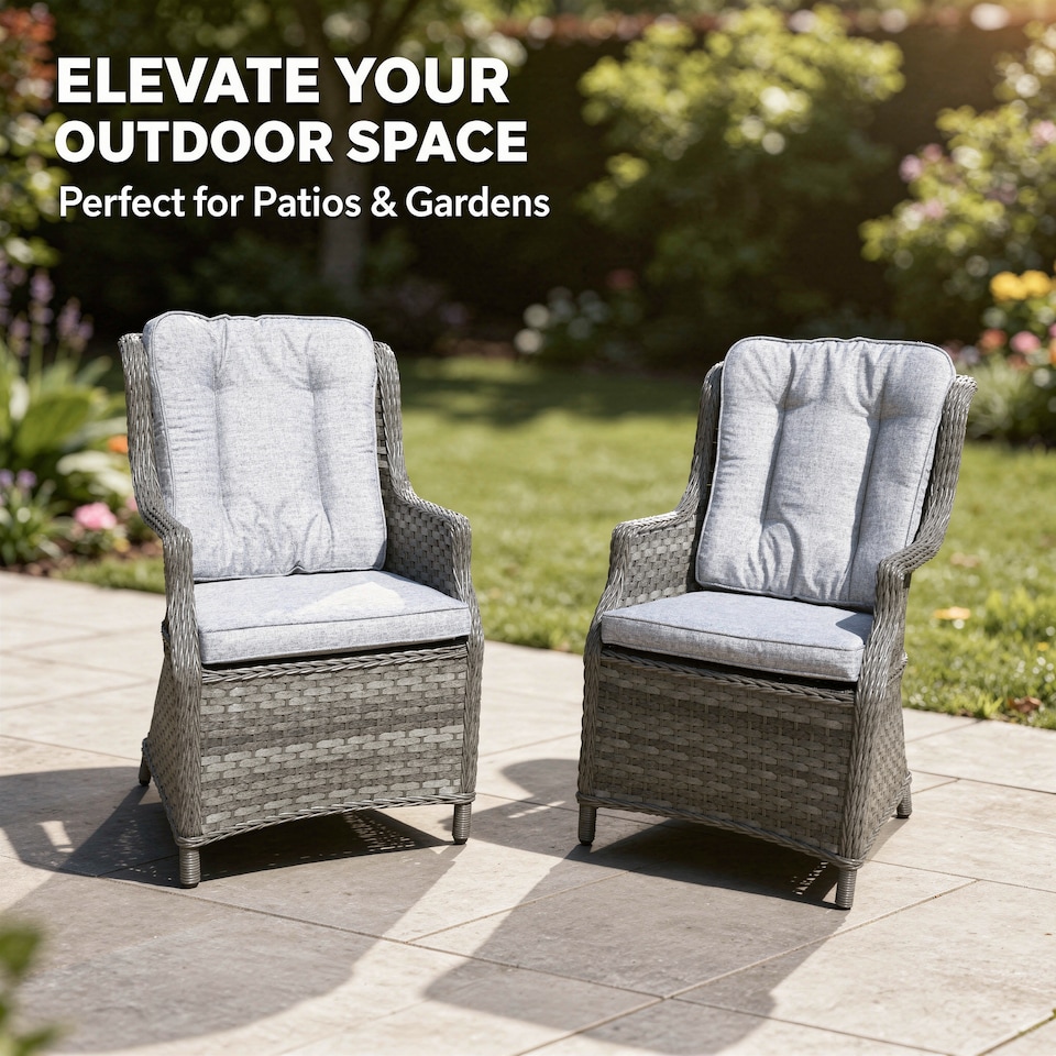 image 1 of Rattan Garden Dining Chairs Set of 2 - Grey Outdoor Patio Chairs with Cushions, Weatherproof Wicker Furniture