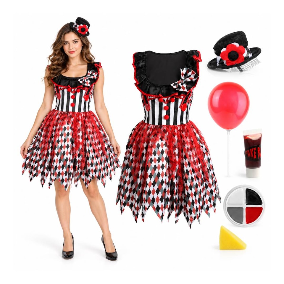 image 1 of Womens Killer Clown Halloween Costume - Fancy Dress with Balloon Prop