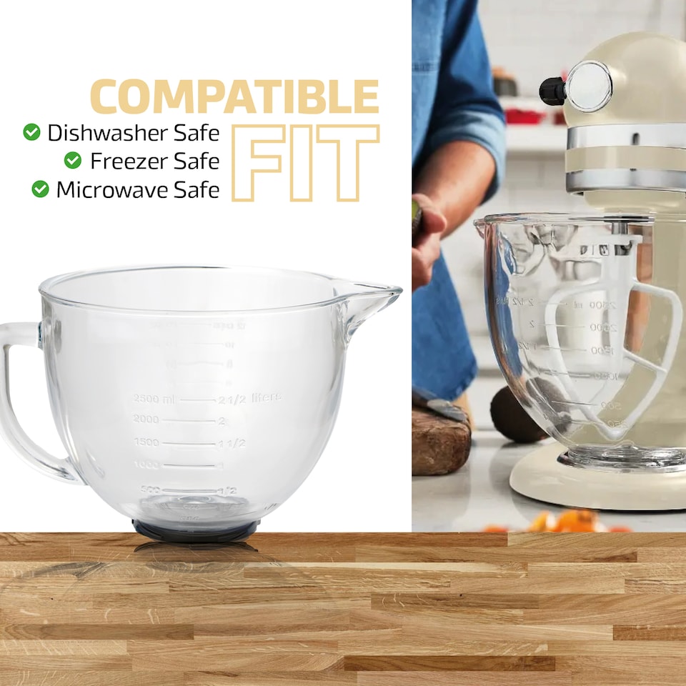image 1 of SPARES2GO 4.7L Glass Mixing bowl Jug for KitchenAid Stand Mixer K40 5KSM5GB + Cover