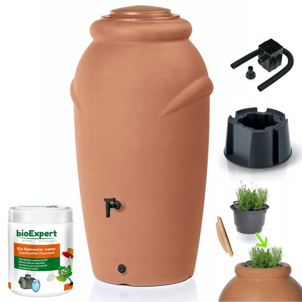 image 1 of Water Butt Kit with Tap, Diverter & Bio Cleaner –  Rainwater Collector for Garden, Balcony & Terrace – Durable Plastic Water Storage Tank Black