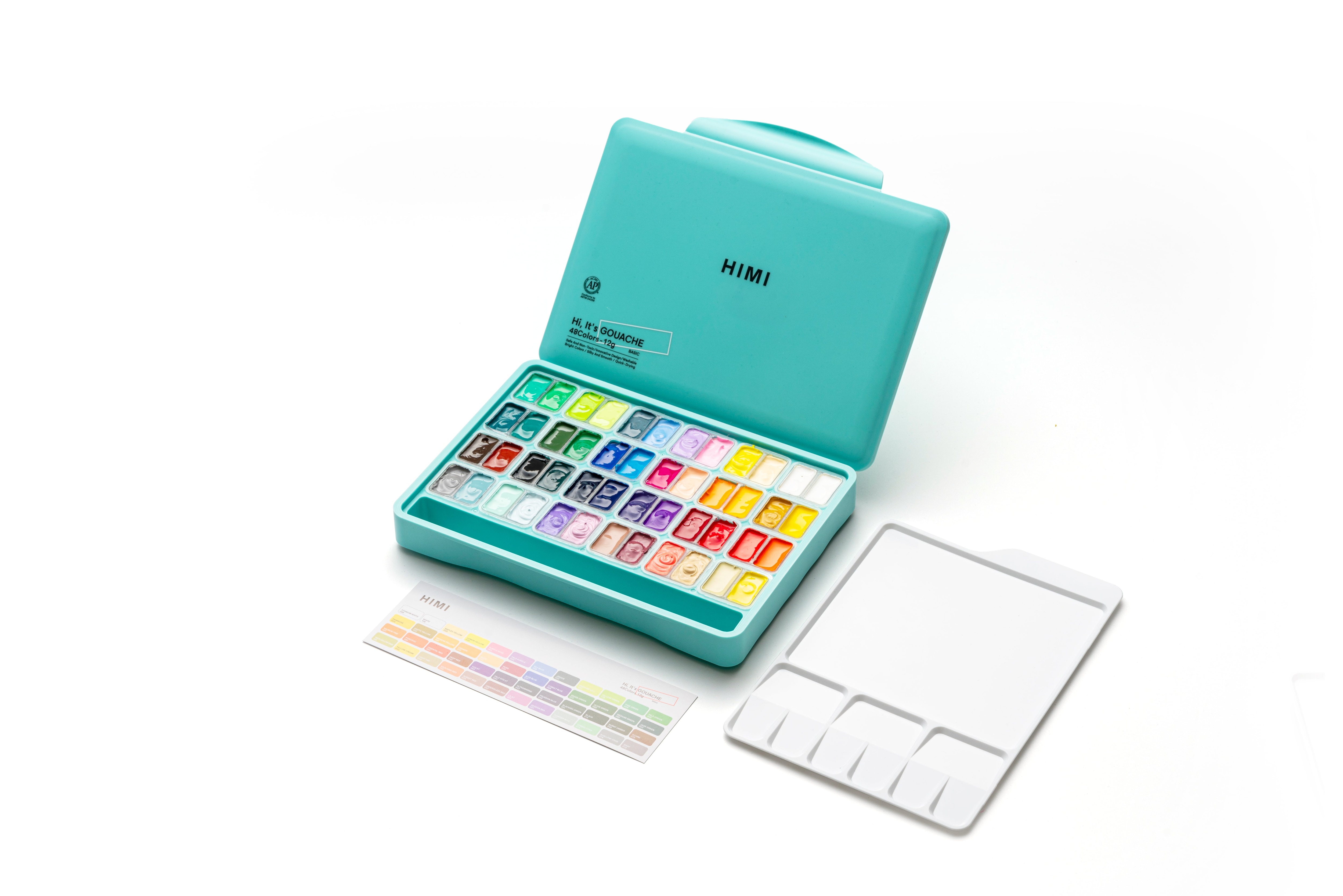 HIMI Twin Cup Gouache Set 48 Paint Colours, Green Case, Add Water To Reactivate, Smooth, Rich Colours, Gift, Artist Art Supplies, Large Scale Art Work To Fine Details, Ready To Use Gouache Colors